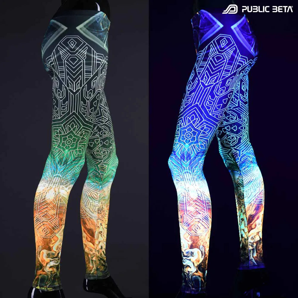 Split image of leggings with uv-reactive futuristic  print shown in natural light and glowing under blacklight