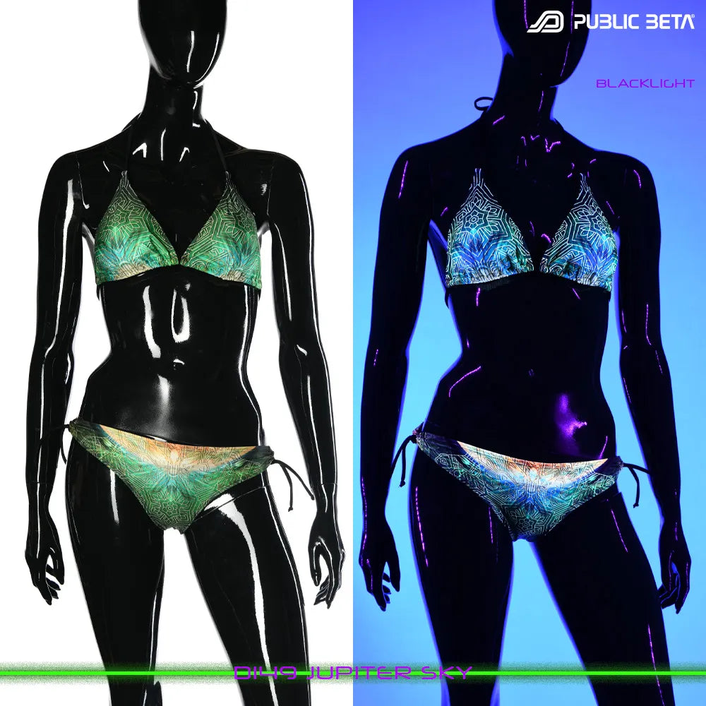 split image of a bikini shown in natural light and glowing under blacklight