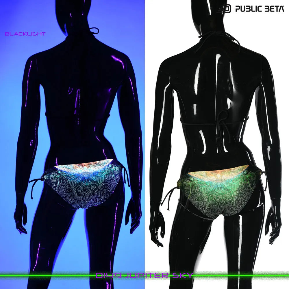split image of a bikinishown in natural light and glowing under blacklight