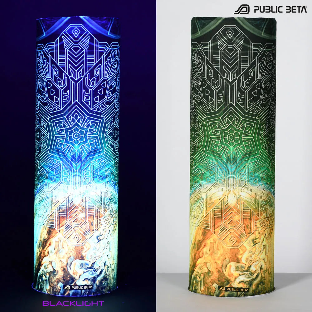 Split image of a tube scarf with uv-reactive graphics shown in natural light and glowing under blacklight