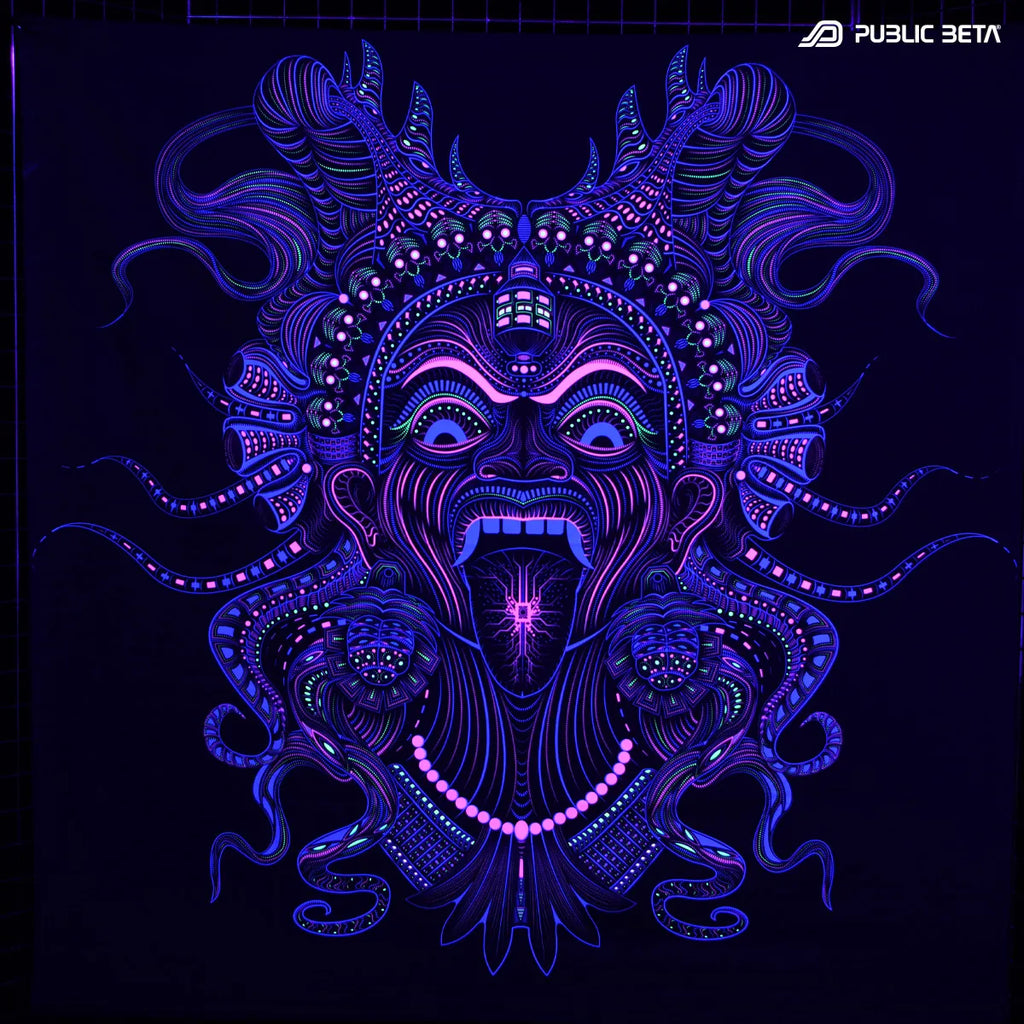 Wallhanging with UV reactive psychedelic art print glowing under blacklight