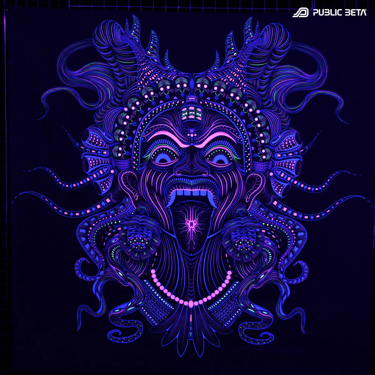 Wallhanging with UV reactive psychedelic art print glowing under blacklight