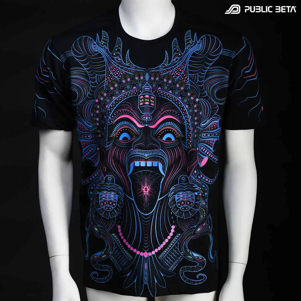 T-shirt with UV-reactive psychedelic art print, photographed in natural light