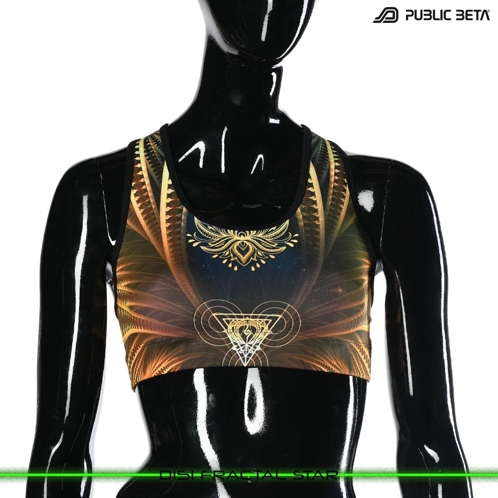 Active top with organic UV-reactive print, photographed in natural light