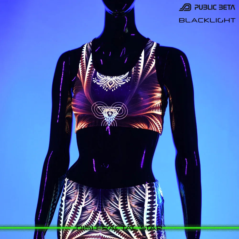 Active top  with organic UV-reactive print glowing under blacklight