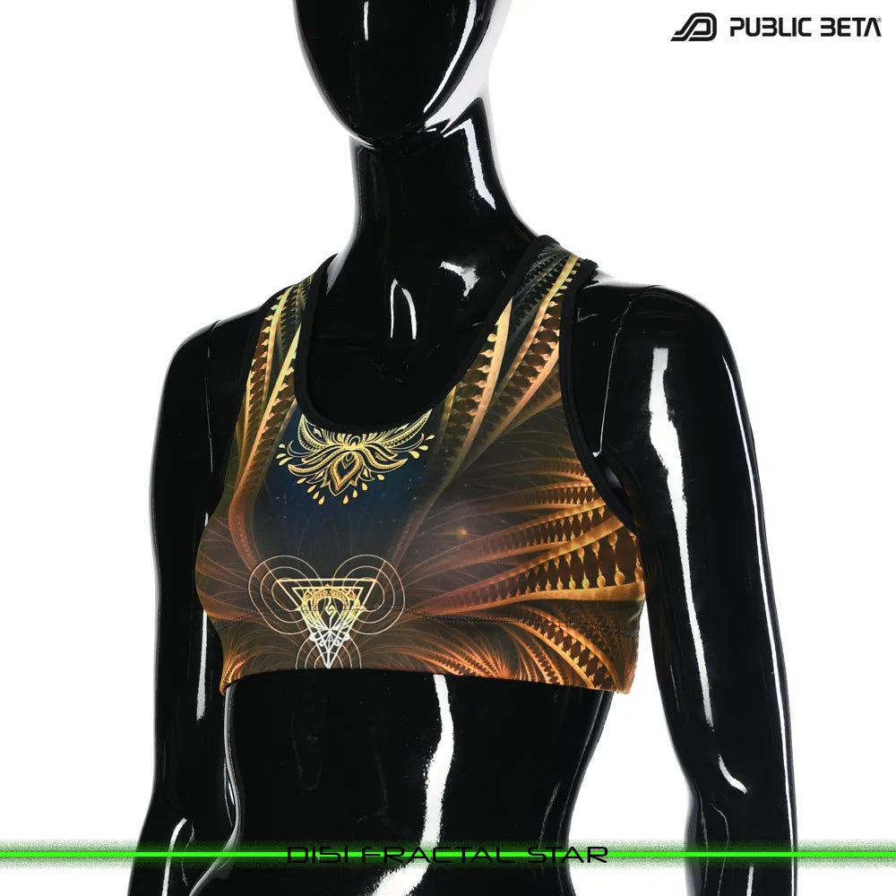 Active top with organic UV-reactive print, photographed in natural light