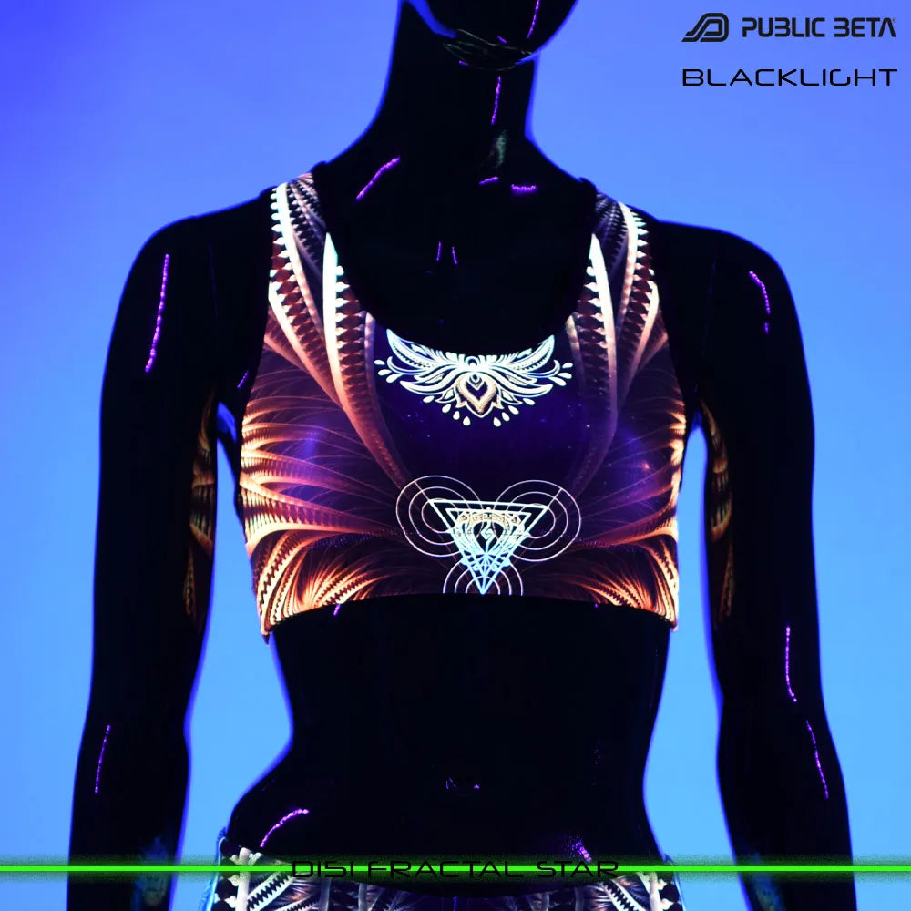 Active top  with organic UV-reactive print glowing under blacklight