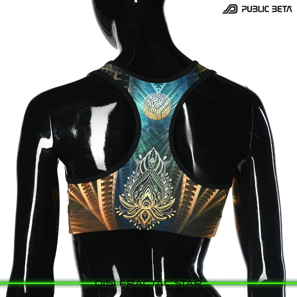 Active top with organic UV-reactive print, photographed in natural light