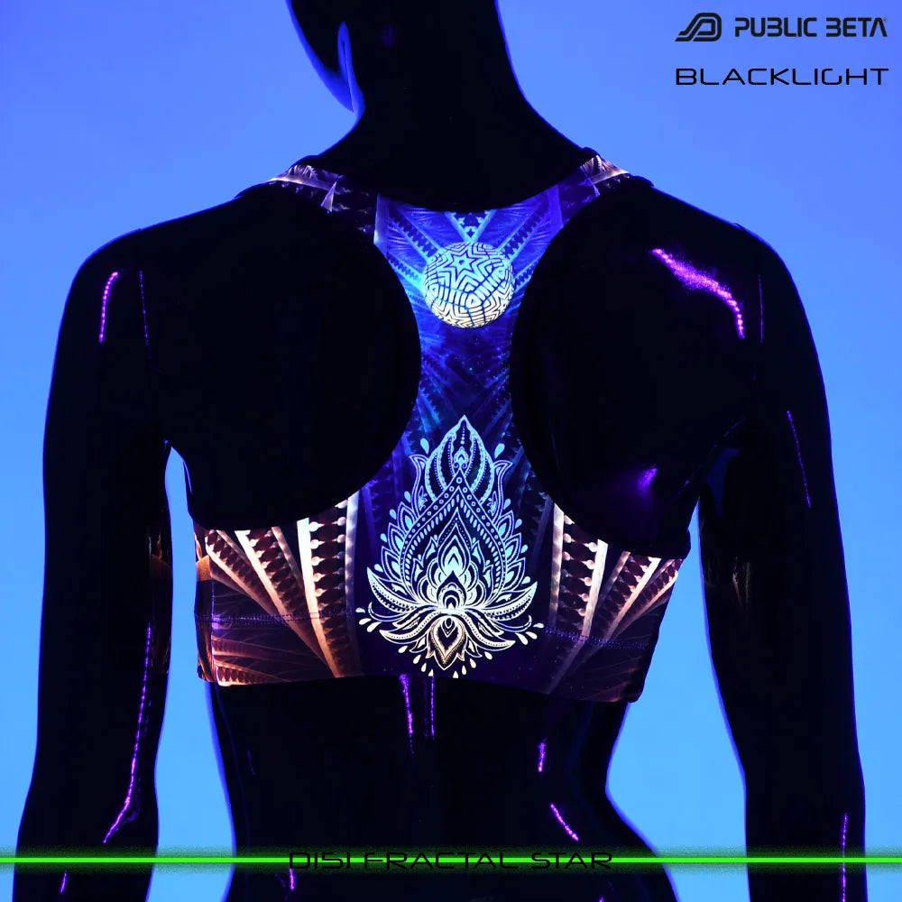 Active top  with organic UV-reactive print glowing under blacklight