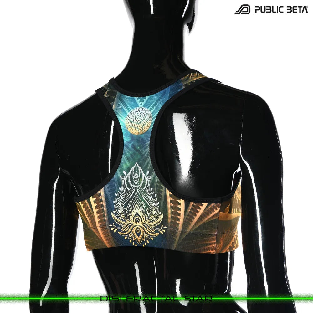 Active top with organic UV-reactive print, photographed in natural light