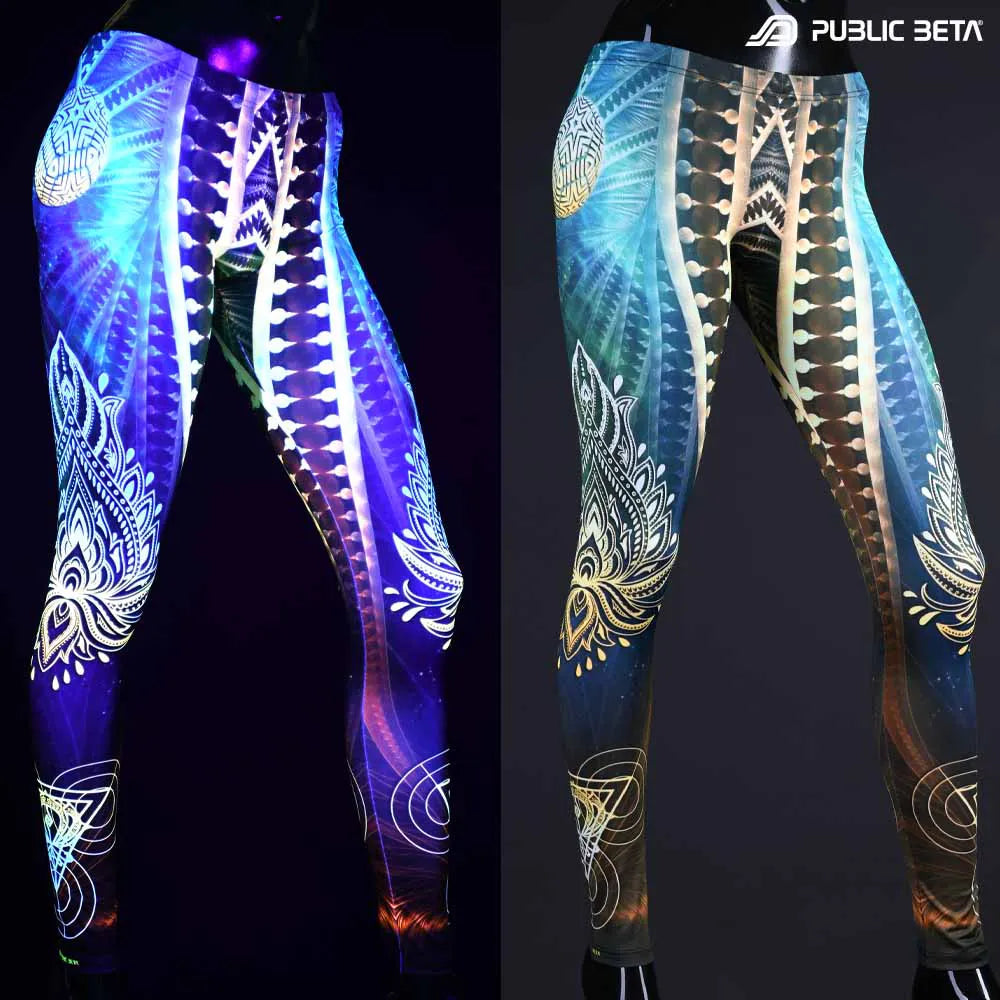 Uv reactive psychedelic art printed leggings shown in natural light and glowing under blacklight split image view