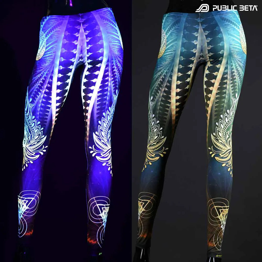 Uv reactive psychedelic art printed leggings shown in natural light and glowing under blacklight split image view