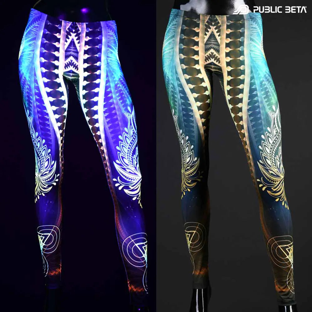 Uv reactive psychedelic art printed leggings shown in natural light and glowing under blacklight split image view