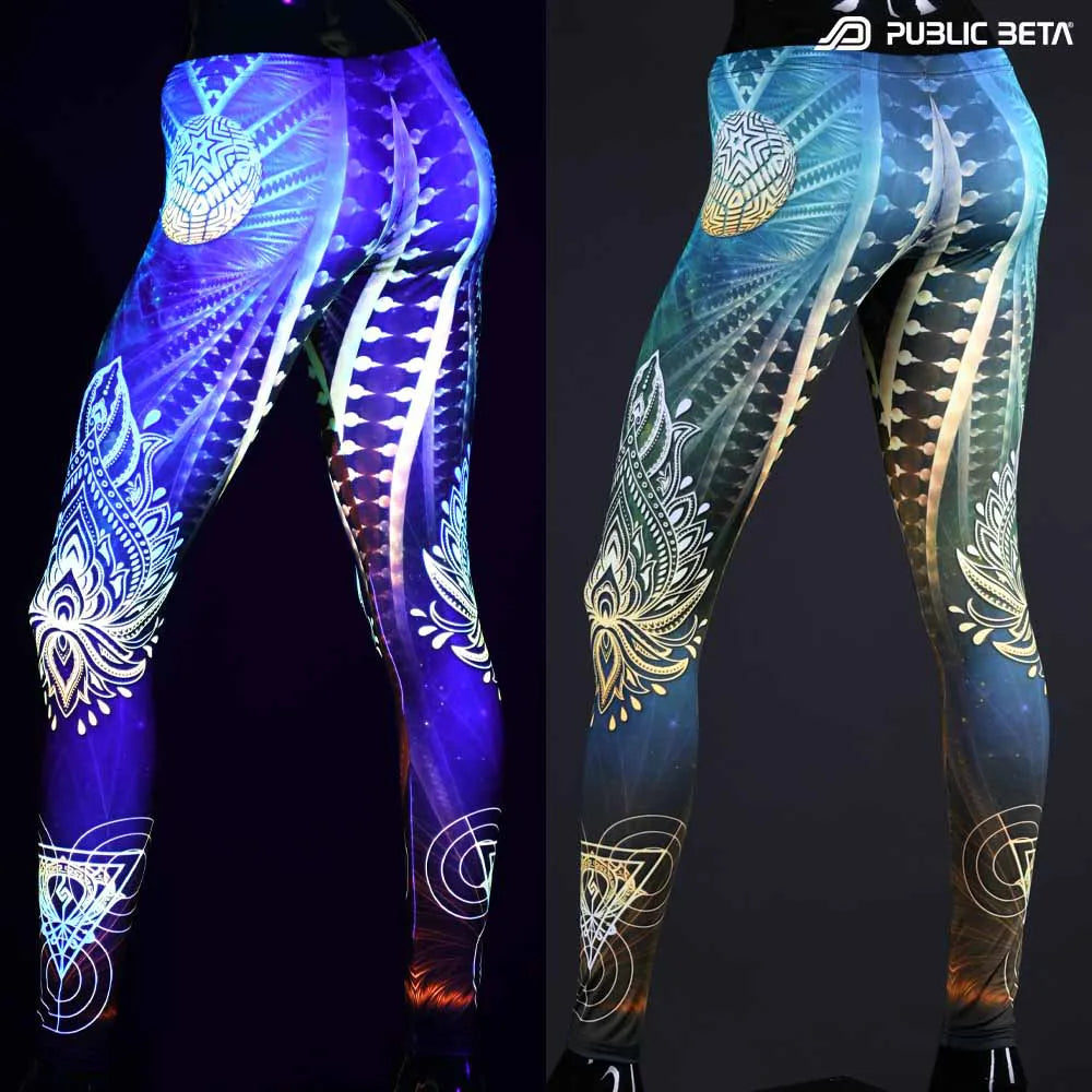 Uv reactive psychedelic art printed leggings shown in natural light and glowing under blacklight split image view