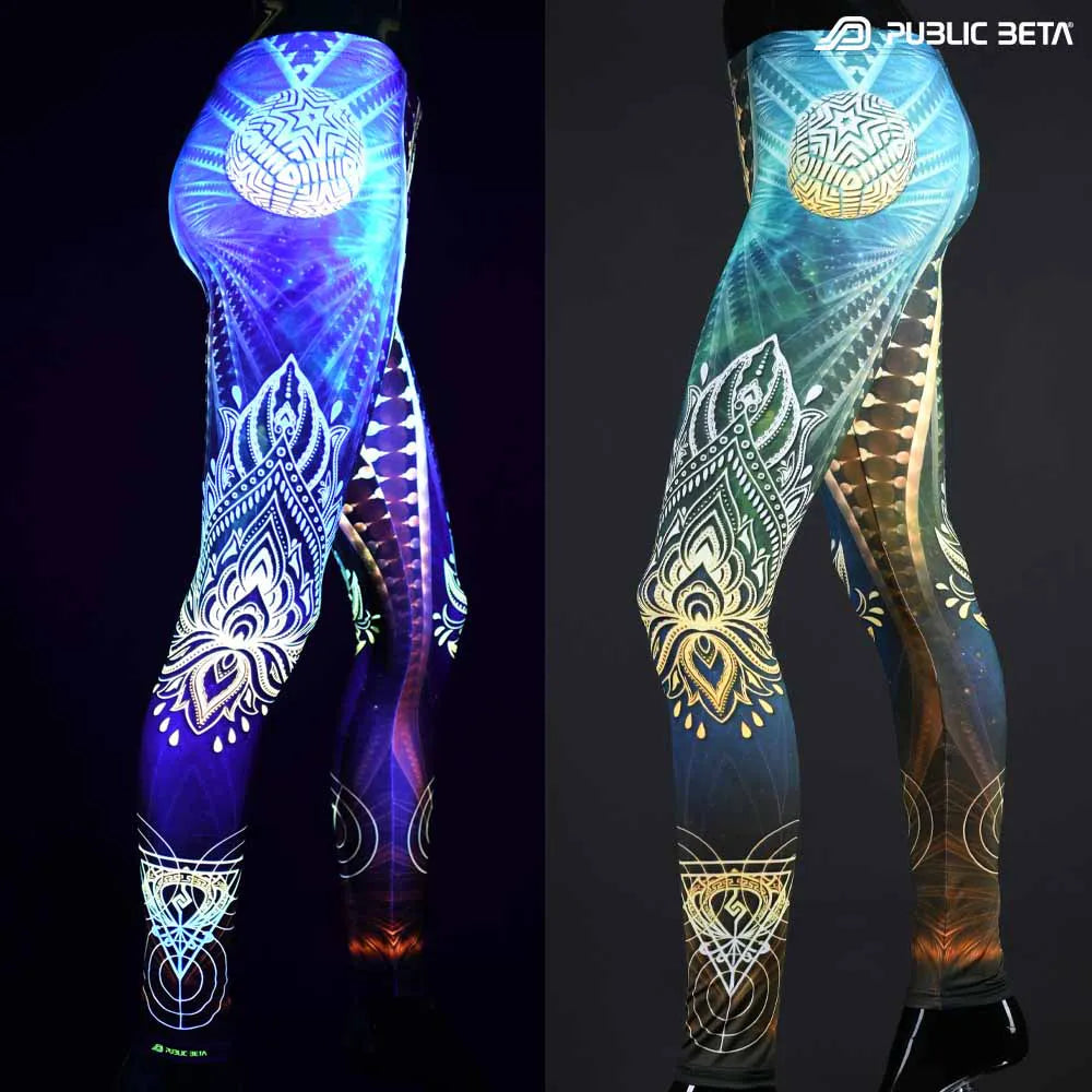 Uv reactive psychedelic art printed leggings shown in natural light and glowing under blacklight split image view
