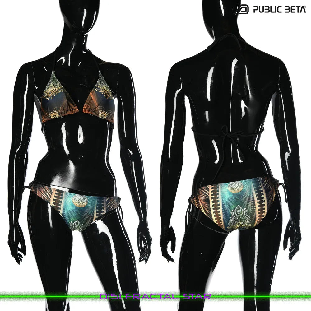 Bikini set with UV-reactive printed graphics, photographed in natural light