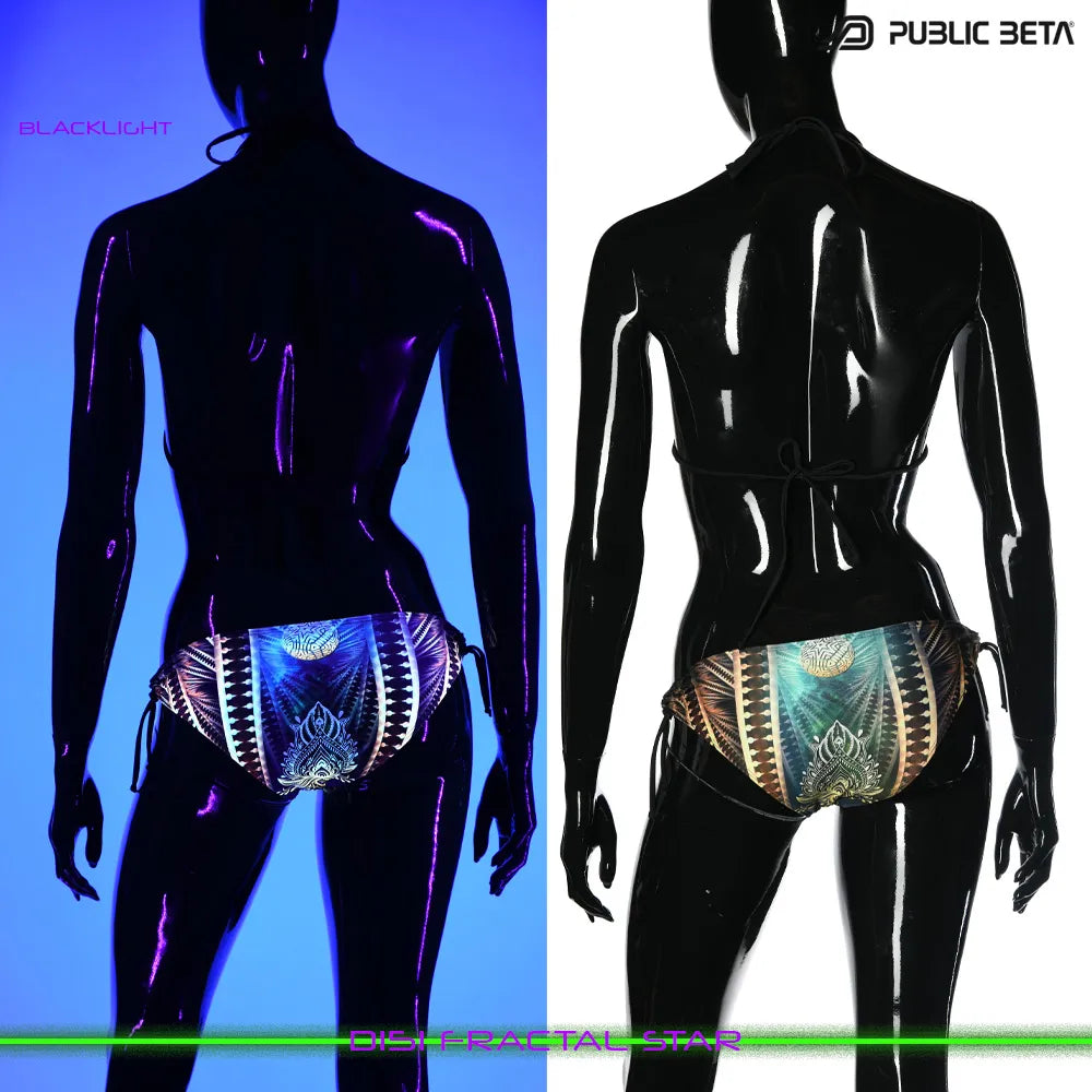 split image of a bikini set  shown in natural light and glowing under blacklight