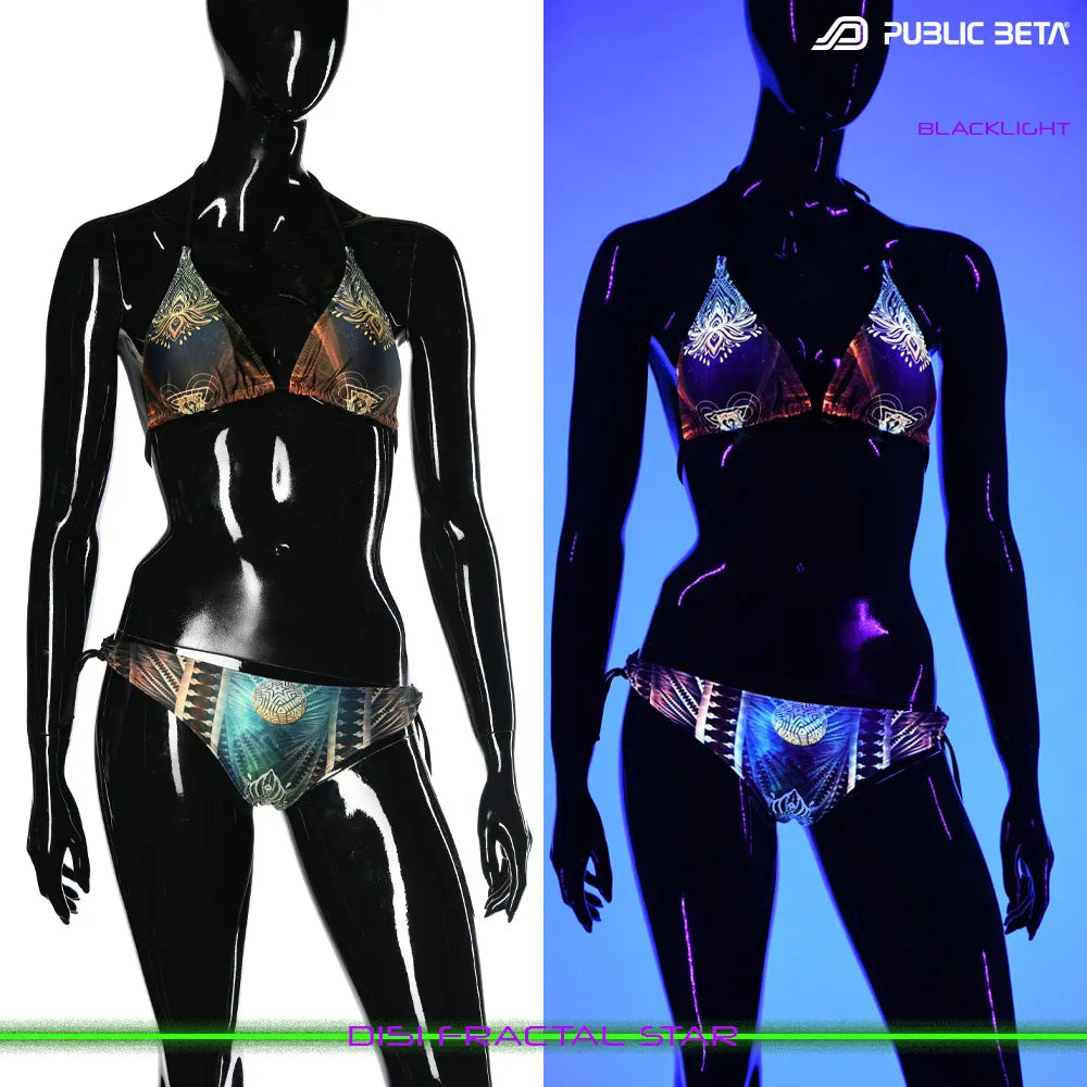 split image of a bikini set  shown in natural light on the left and glowing under blacklight on the right
