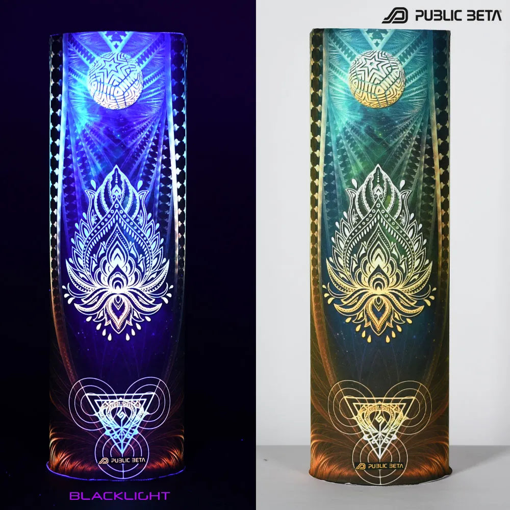 Split image of a tube scarf with uv-reactive graphics shown in natural light and glowing under blacklight