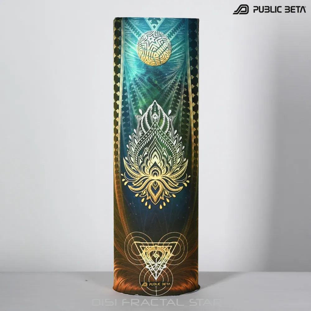 Tube scarf with UV-reactive printed graphics, photographed in natural light