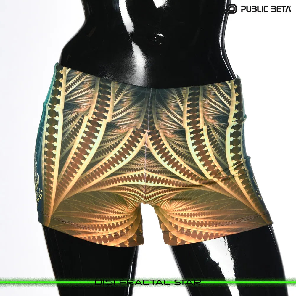 Shorts women with UV-reactive printed graphics, photographed in natural light front view