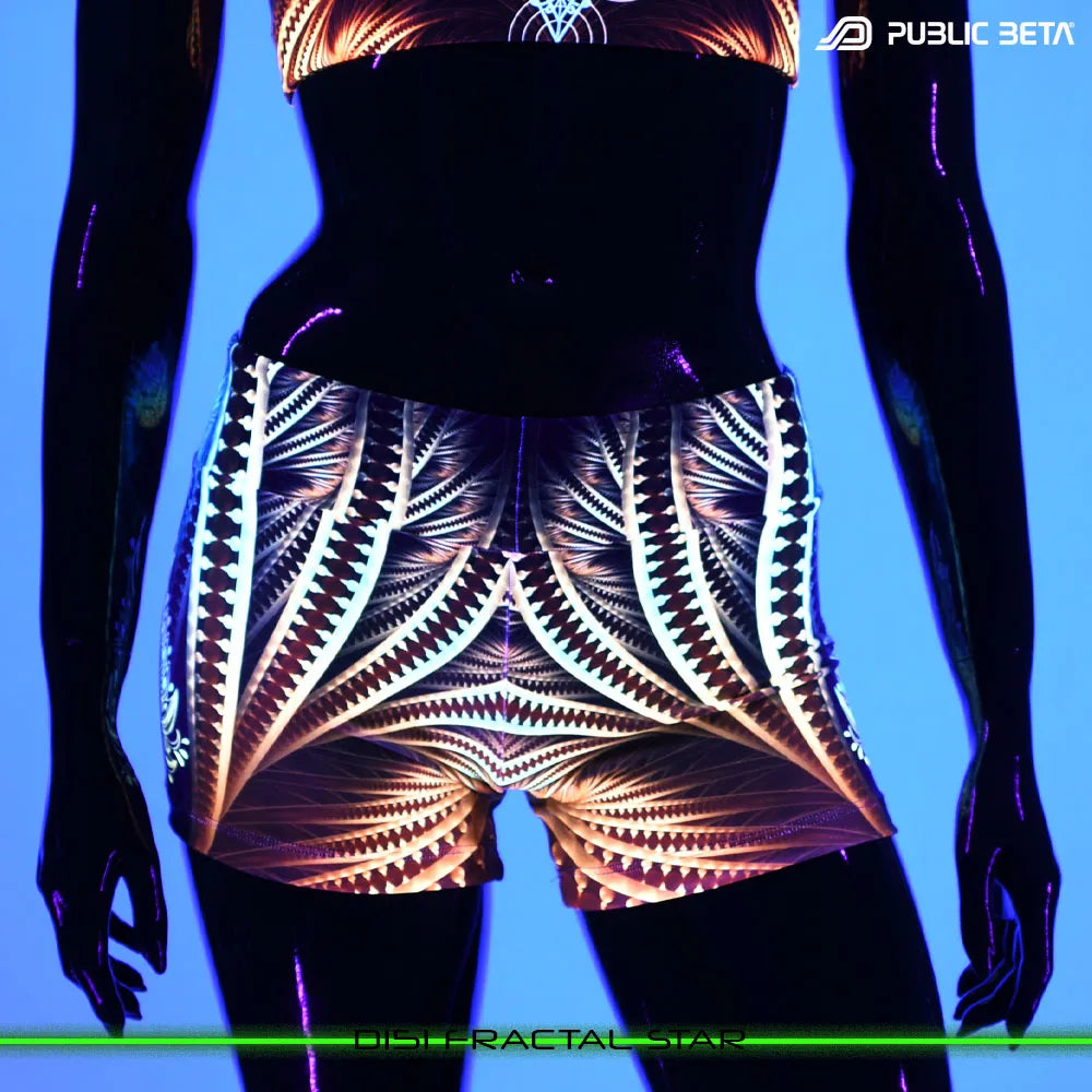 Shorts women with UV-reactive graphics glowing under blacklight front