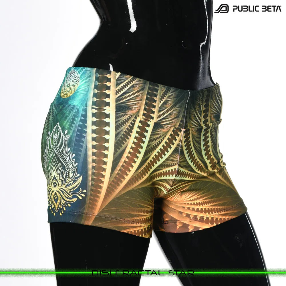 Shorts women with UV-reactive printed graphics, photographed in natural light frontal  view