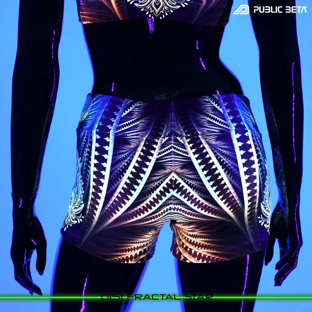 Shorts women with UV-reactive graphics glowing under blacklight back