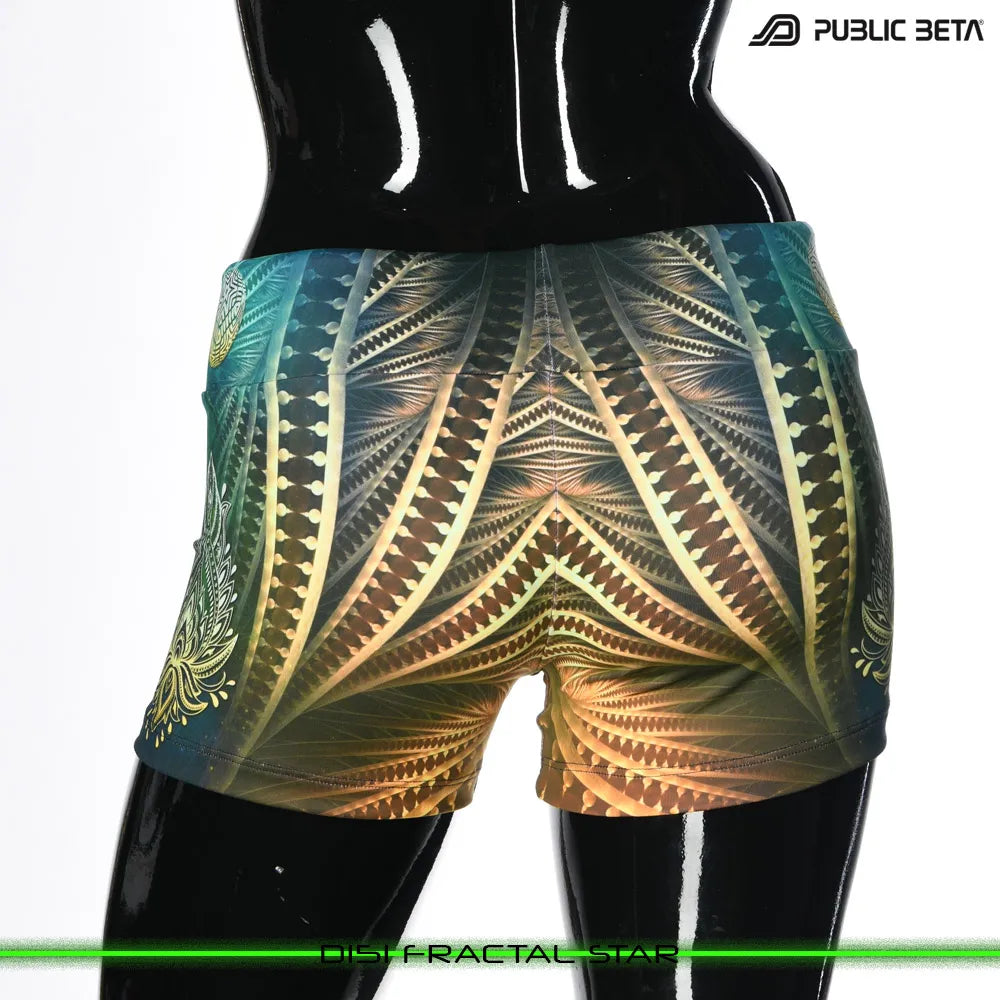 Shorts women with UV-reactive printed graphics, photographed in natural light back view