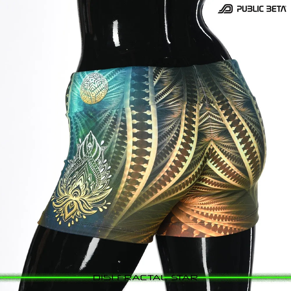 Shorts women with UV-reactive printed graphics, photographed in natural light side view