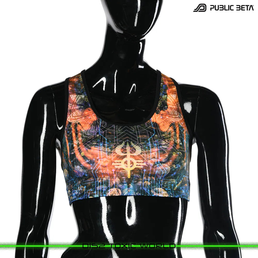 Active top with organic UV-reactive print, photographed in natural light