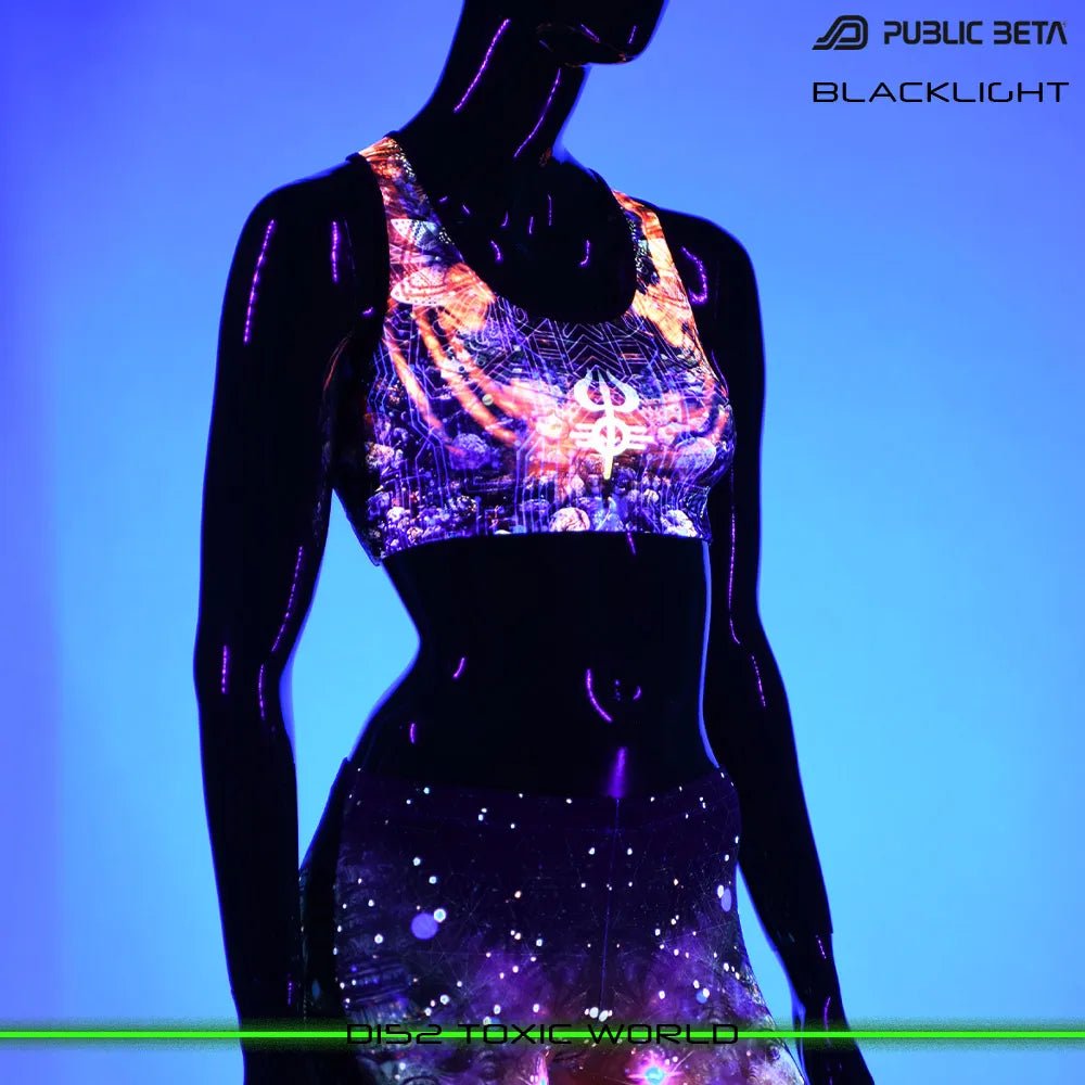 Active top with organic UV-reactive print glowing under blacklight