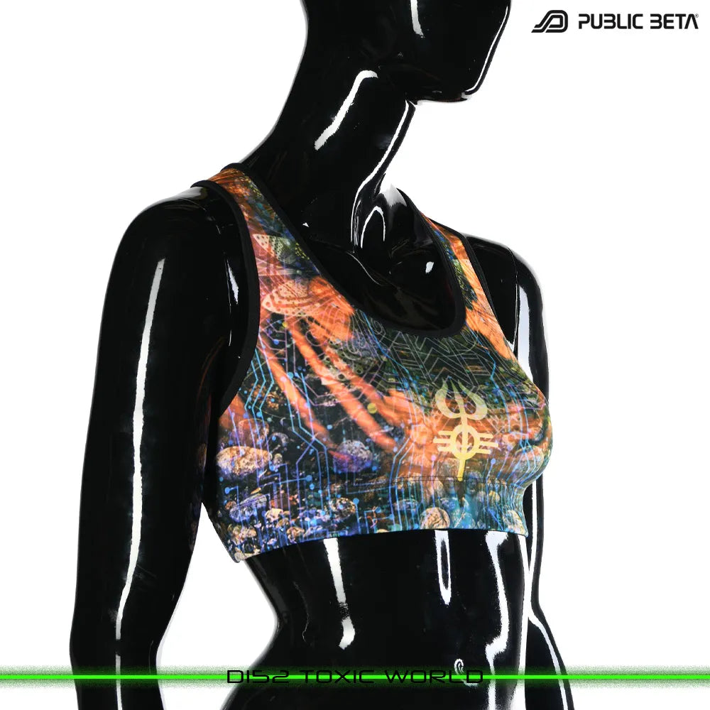 Active top with organic UV-reactive print, photographed in natural light