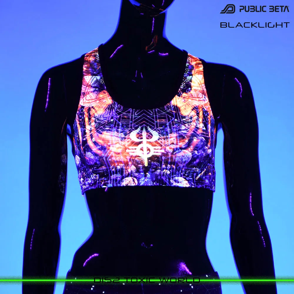 Active top with organic UV-reactive print glowing under blacklight