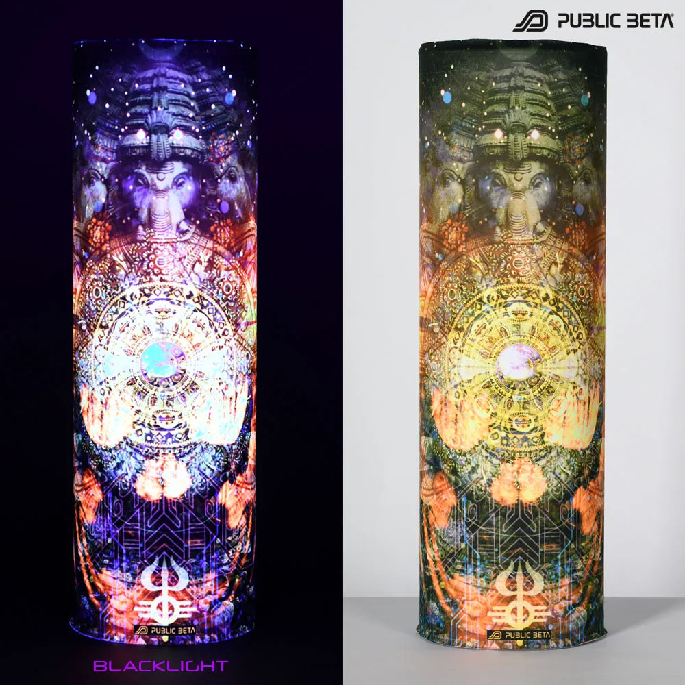Split image of a tube scarf with uv-reactive graphics shown in natural light and glowing under blacklight