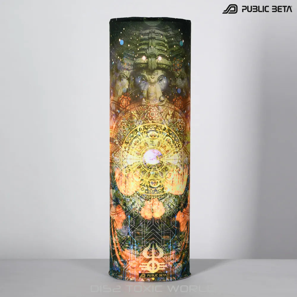 Tube scarf with UV-reactive printed graphics, photographed in natural light