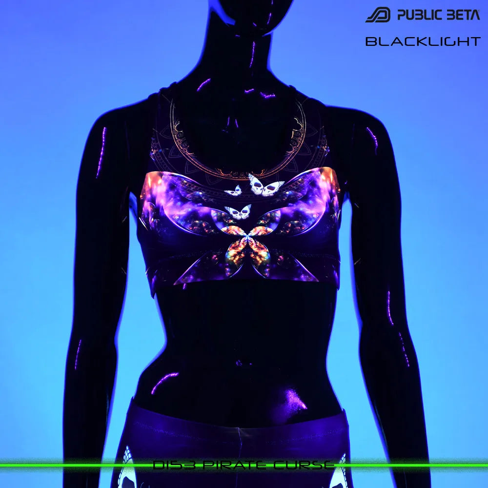 Active top  with organic UV-reactive print glowing under blacklight
