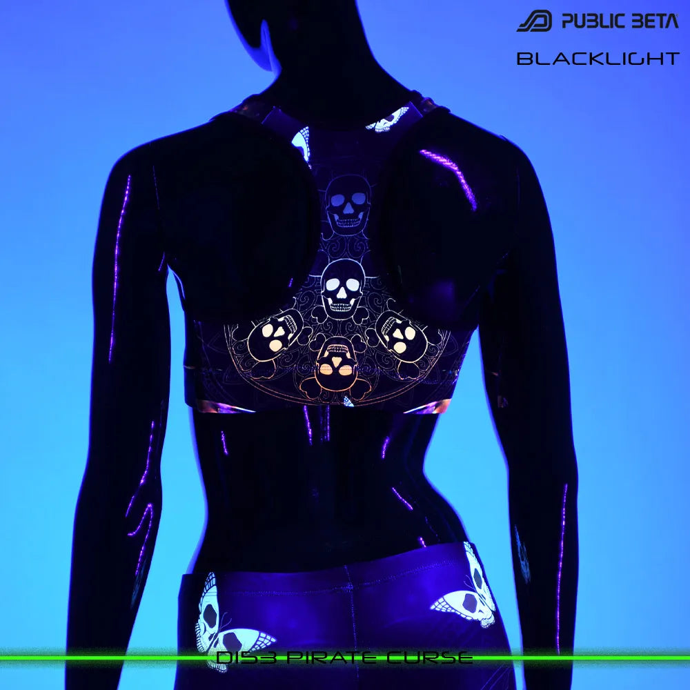 Active top  with organic UV-reactive print glowing under blacklight