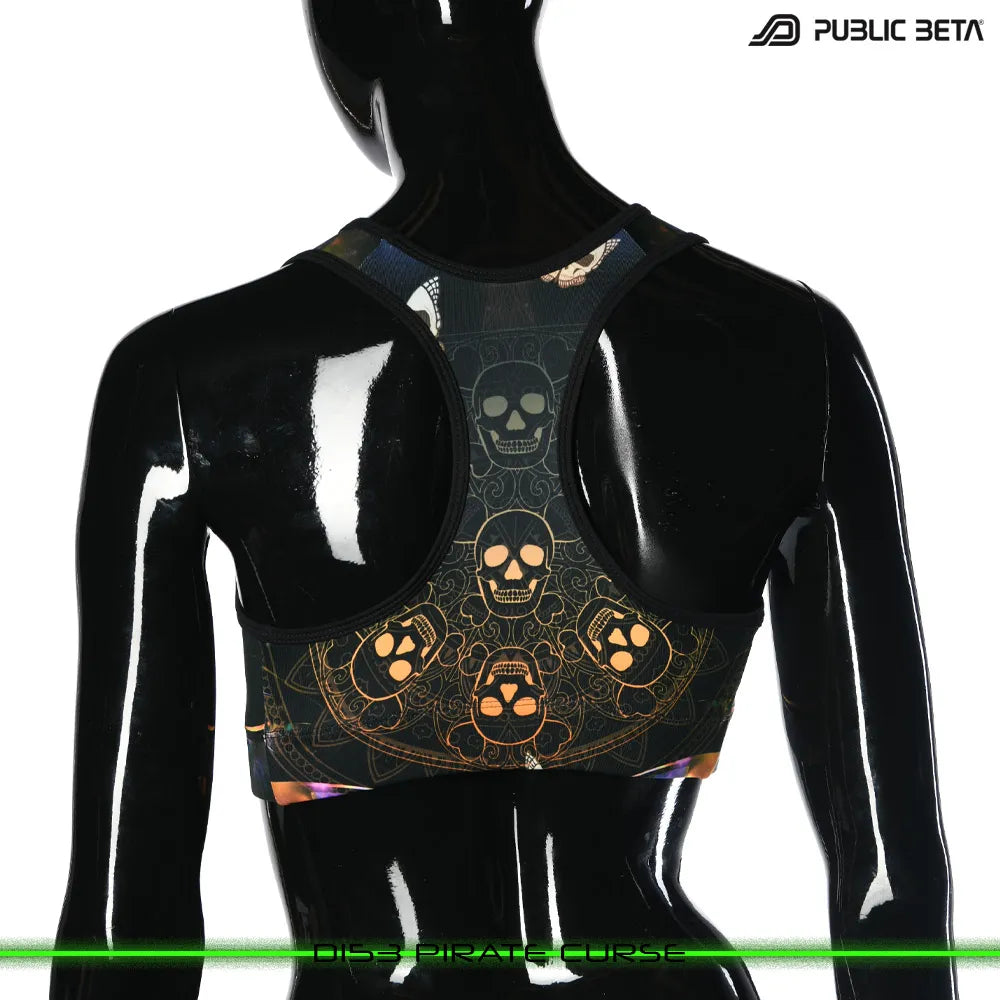 Active top with organic UV-reactive print, photographed in natural light