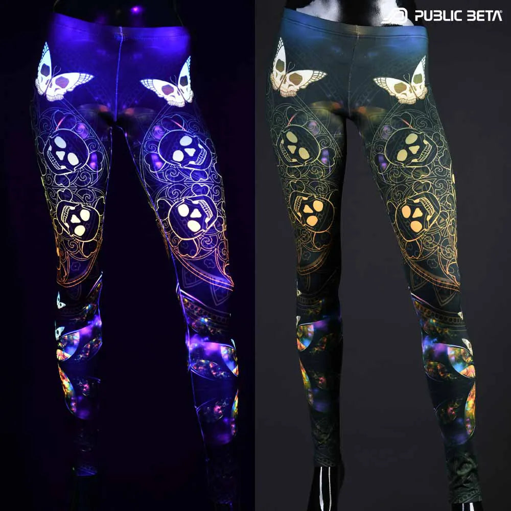 Split image of leggings with uv-reactive futuristic  print shown in natural light and glowing under blacklight