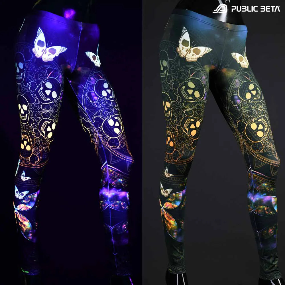 Split image of leggings with uv-reactive futuristic  print shown in natural light and glowing under blacklight
