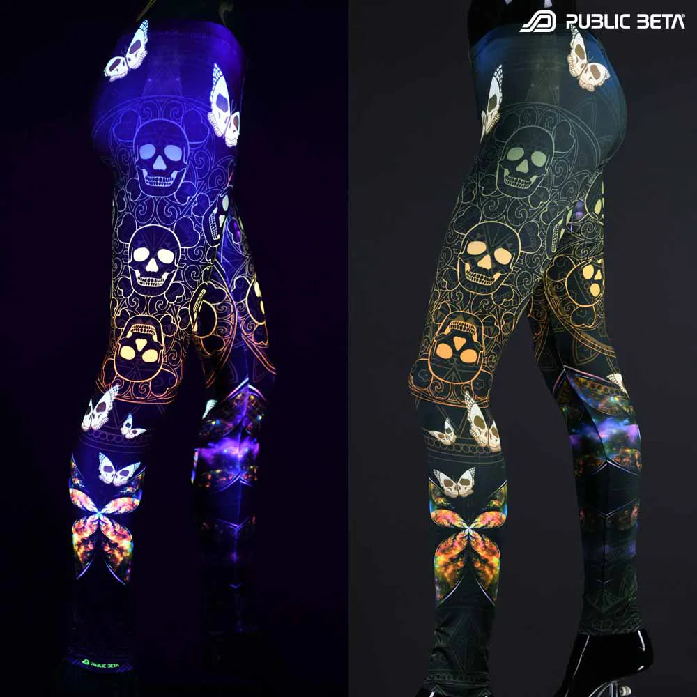 Split image of leggings with uv-reactive futuristic  print shown in natural light and glowing under blacklight