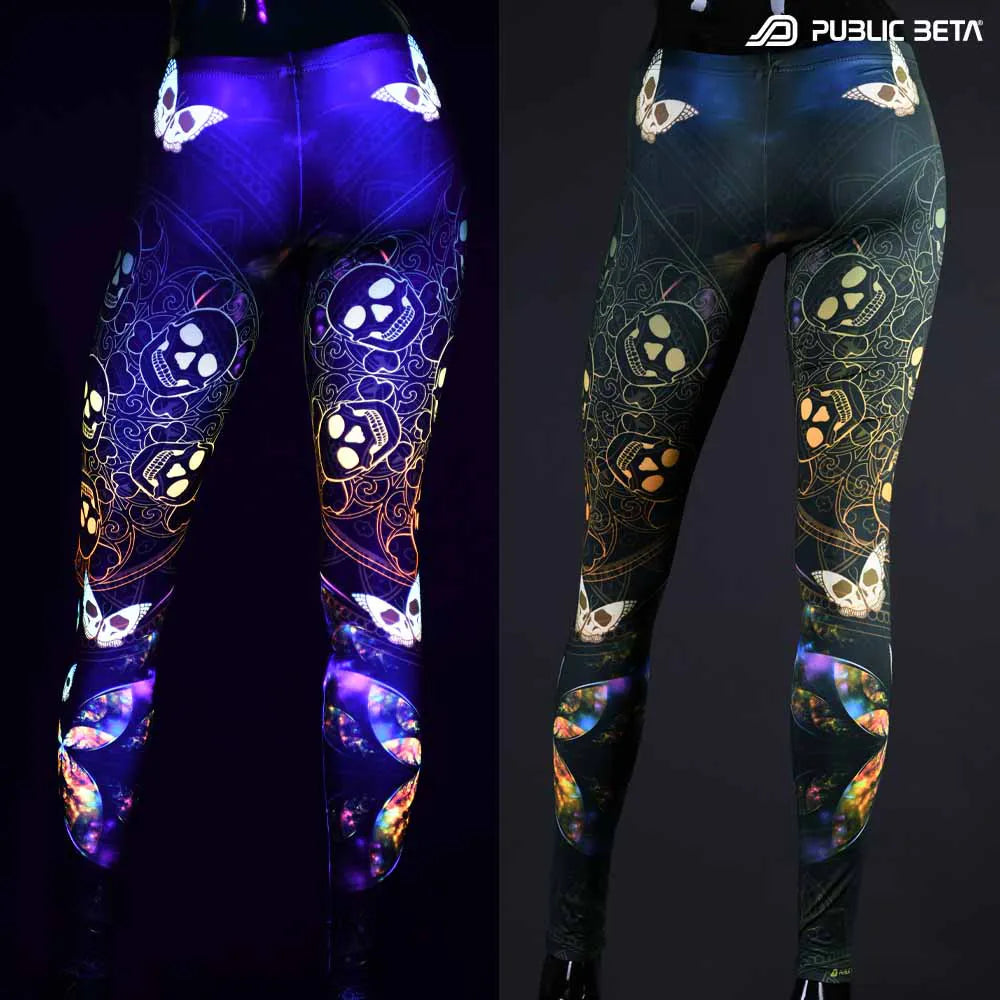 Split image of leggings with uv-reactive futuristic  print shown in natural light and glowing under blacklight