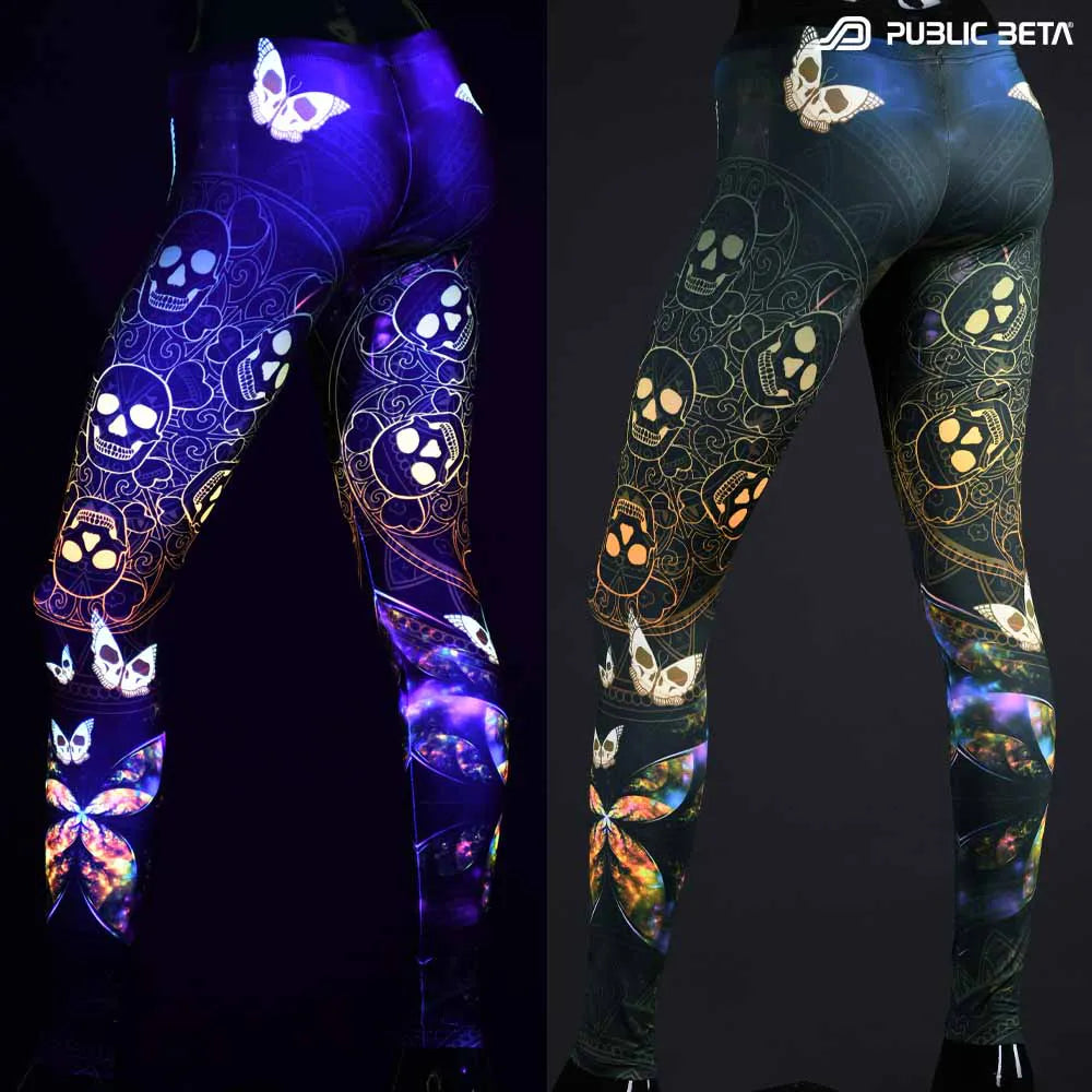 Split image of leggings with uv-reactive futuristic  print shown in natural light and glowing under blacklight