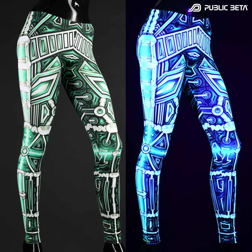 Split image of leggings with uv-reactive futuristic  print shown in natural light and glowing under blacklight
