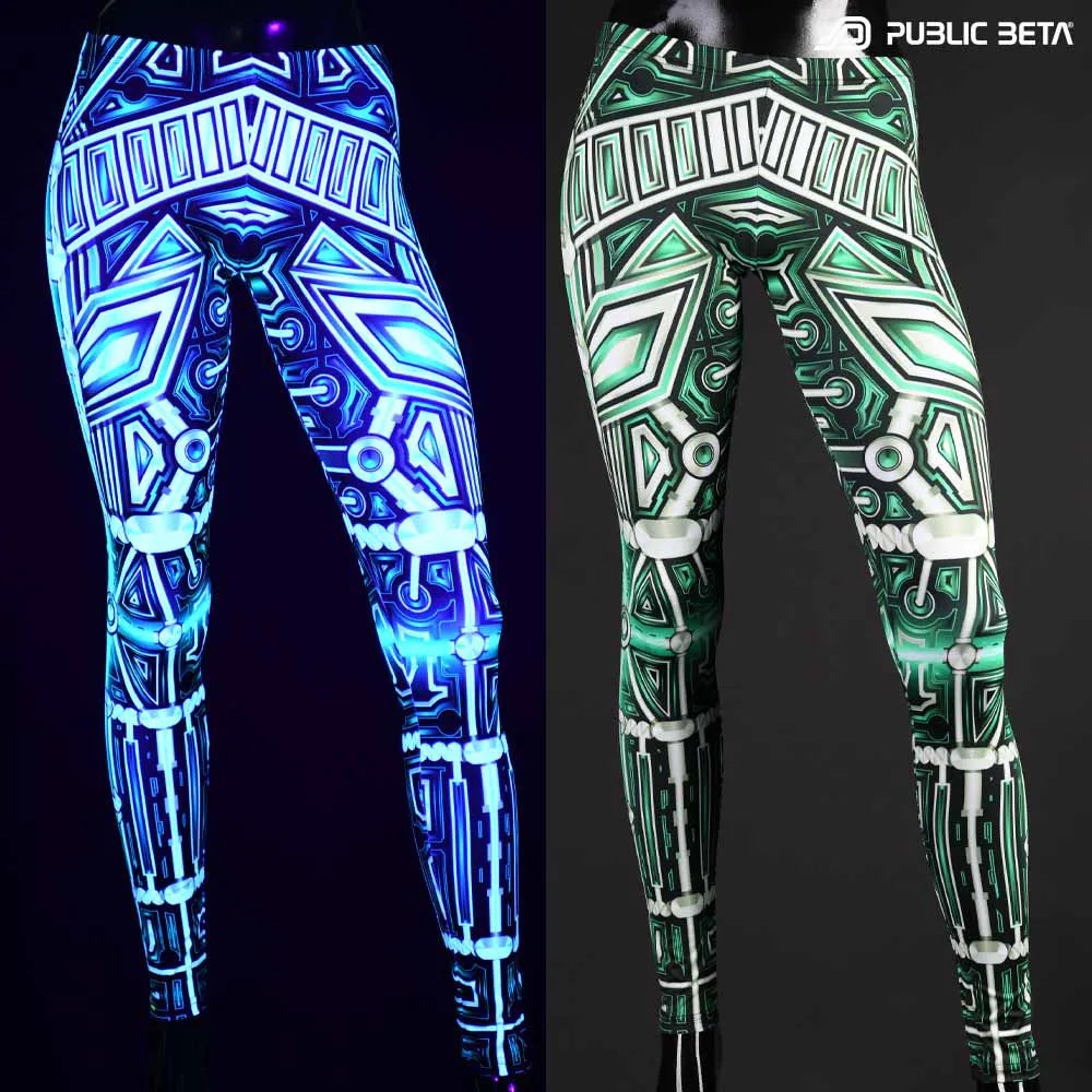 Split image of leggings with uv-reactive futuristic  print shown in natural light and glowing under blacklight