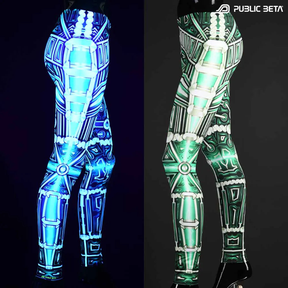 Split image of leggings with uv-reactive futuristic  print shown in natural light and glowing under blacklight