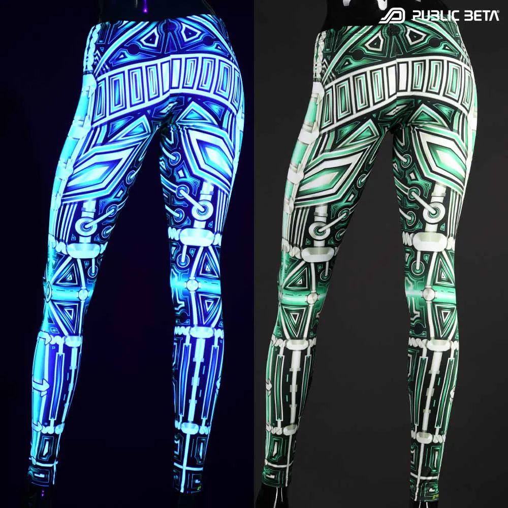 Split image of leggings with uv-reactive futuristic  print shown in natural light and glowing under blacklight