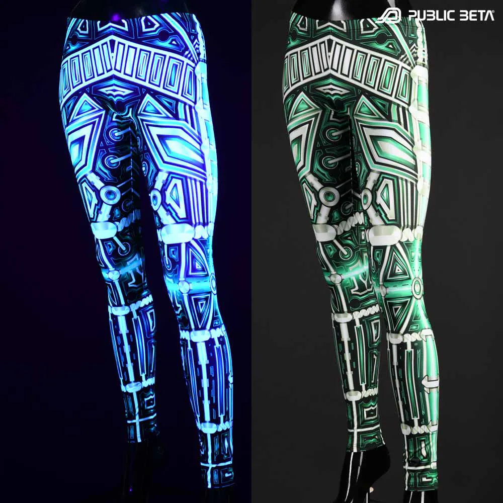Split image of leggings with uv-reactive futuristic  print shown in natural light and glowing under blacklight