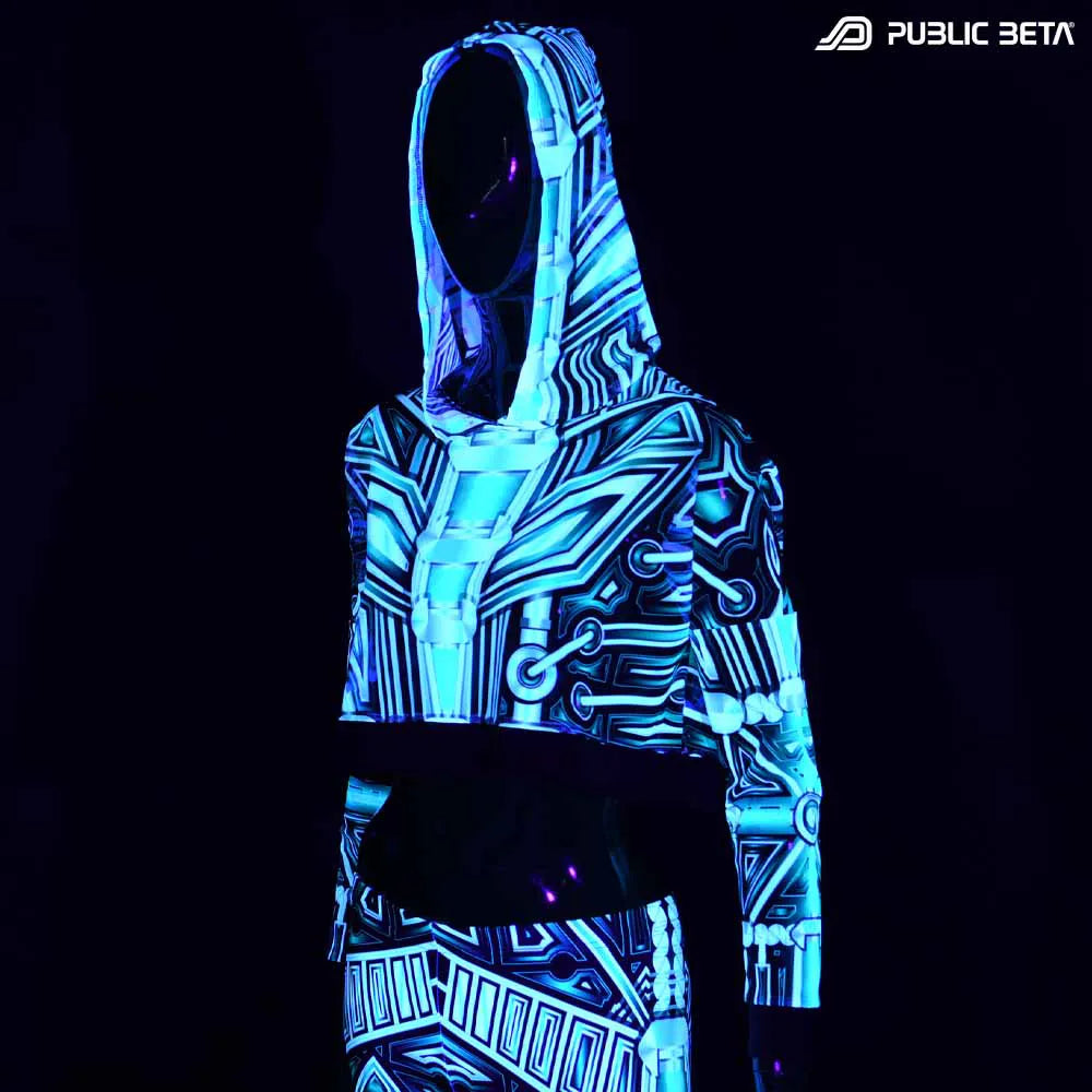 Hooded Crop Top/ Glow in Blacklight Mesh /Plazma Heart D154